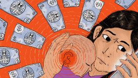 An illustration of a woman holding a baby to her chest with her left arm, while holding a phone to her ear with her right hand. She has a concerned expression as she holds her baby close. Sound waves radiate out from the baby's ear, and dollar bills float around them.